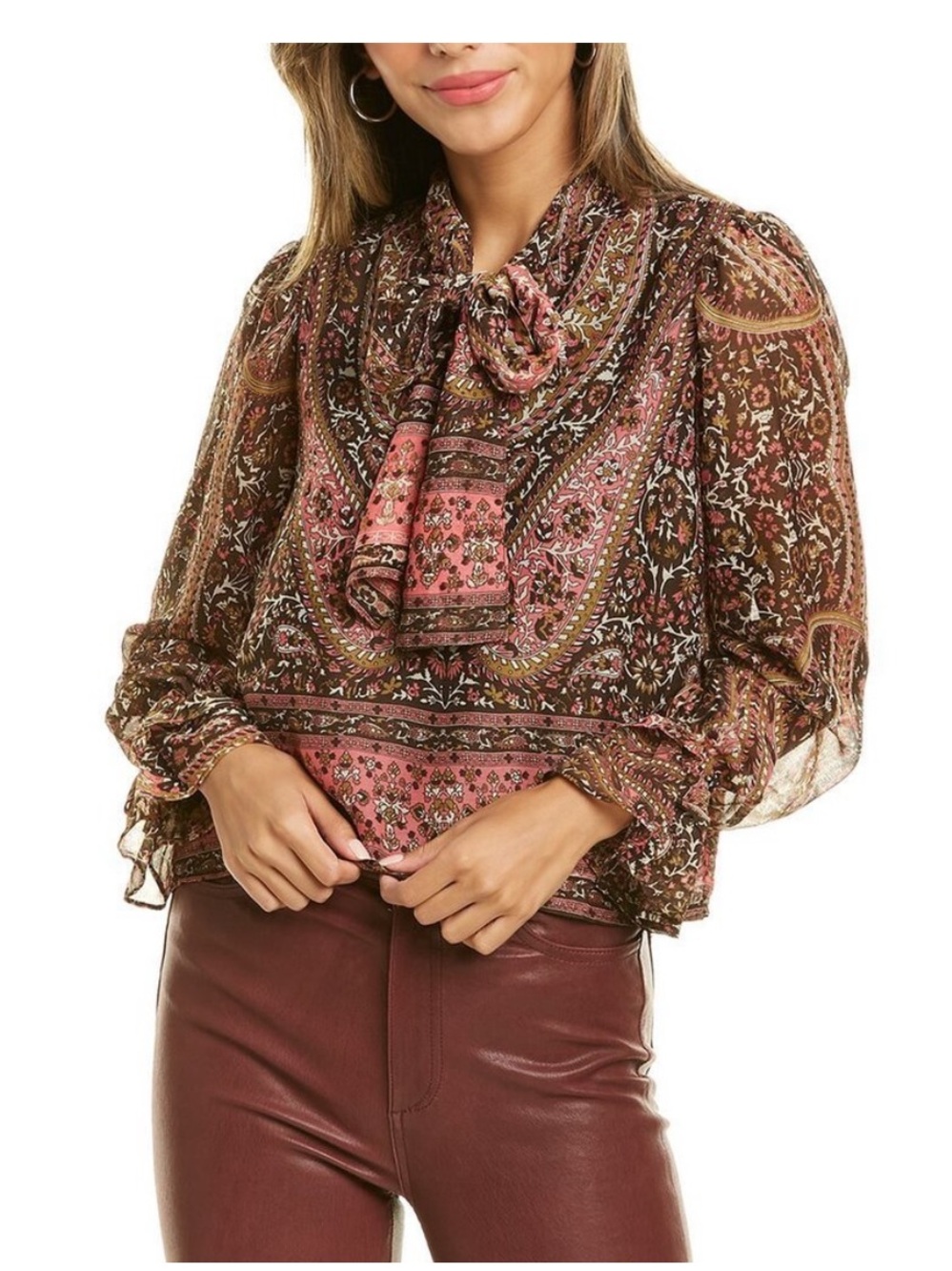 Walter Baker aubrey grand paisley blouse tie bow neckline ruffle long sleeves XL